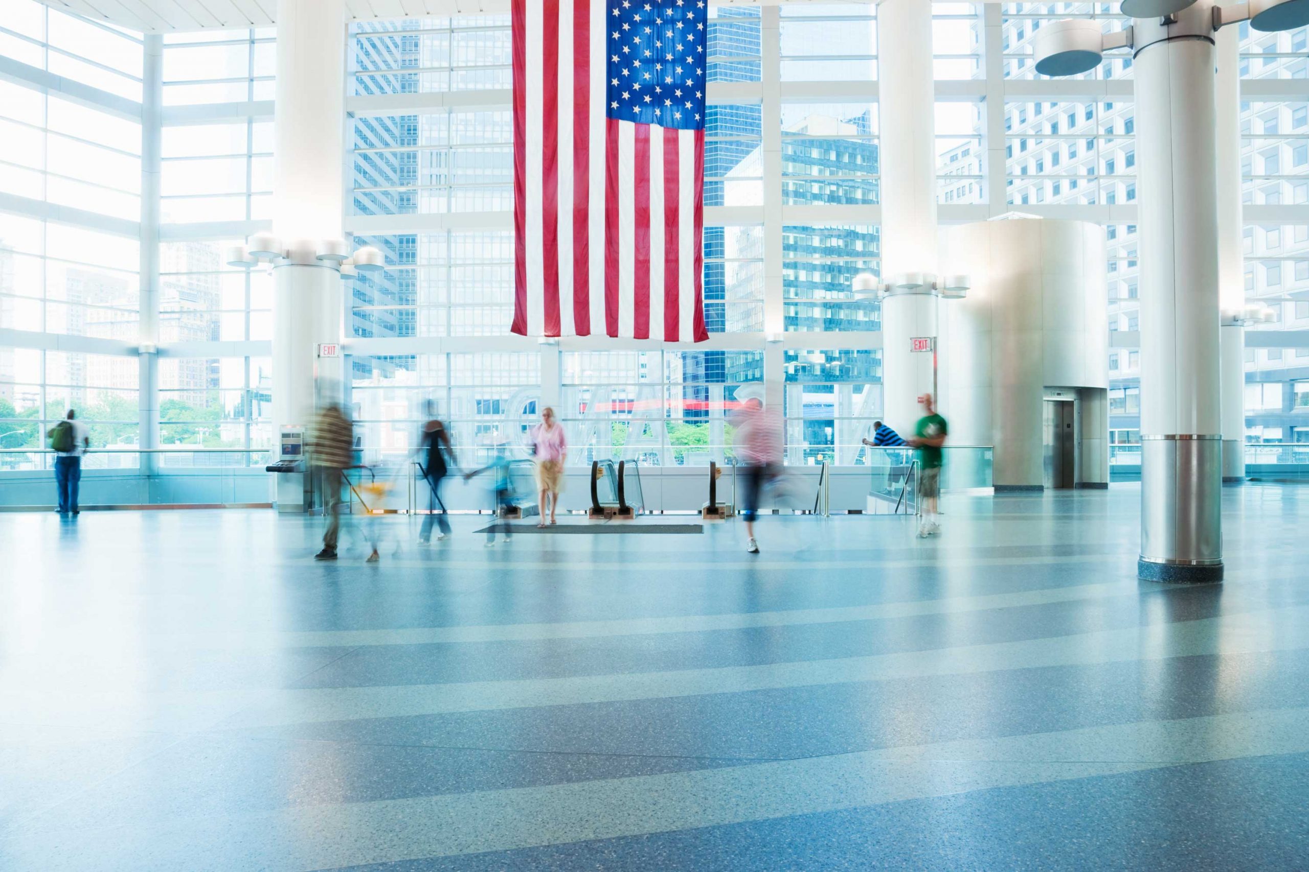 American flag hanging in building lobby