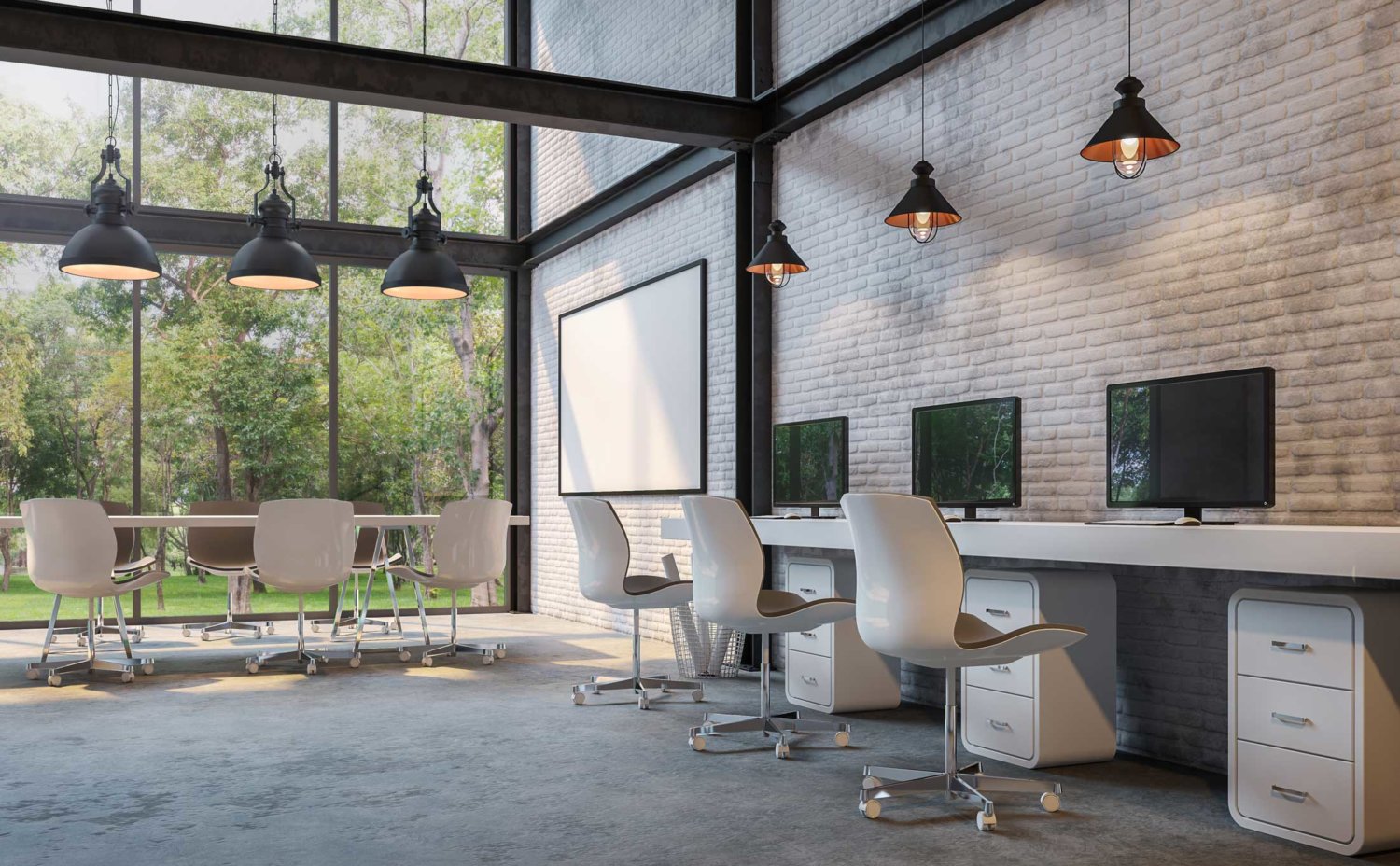 Office outfitting with desk, chairs, and computer monitors