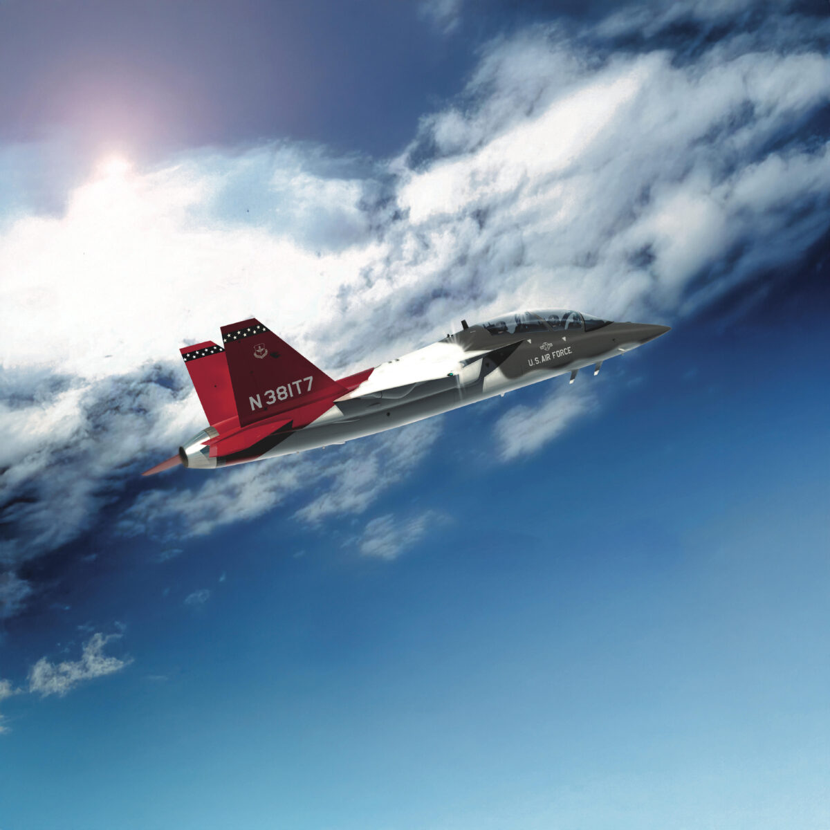 T-7A Red Hawk jet in flight against a bright blue sky with clouds, representing the U.S. Air Force’s next-generation training aircraft